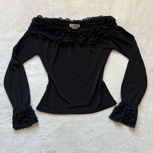 Jus d'Orange PARIS Euro Black Long Sleeved Ruffled Tule Top Size M